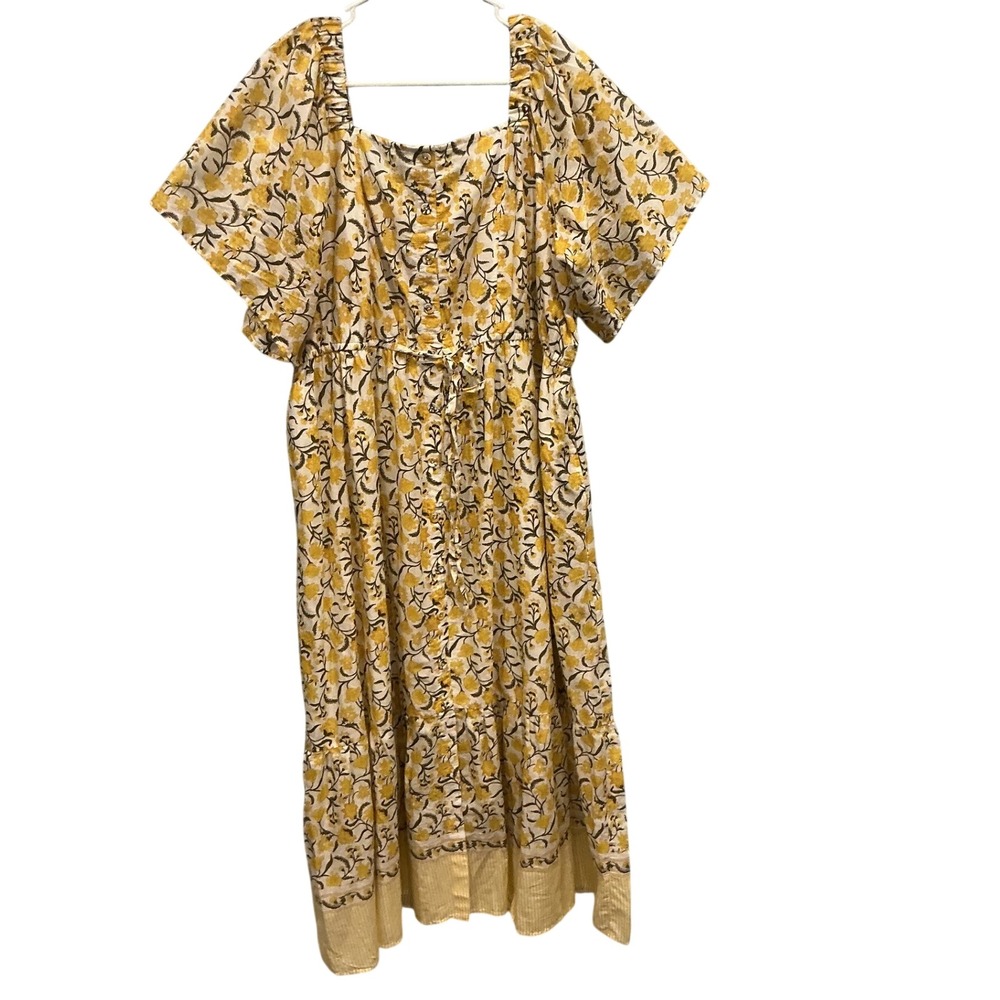LEA Womens Smocked Cotton Maxi Dress 1X Yellow Floral Cottage Boho Fall Summer